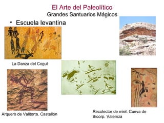 El Arte del Paleolítico
                         Grandes Santuarios Mágicos
    • Escuela levantina




     La Danza del Cogul




                                          Recolector de miel. Cueva de
Arquero de Valltorta. Castellón
                                          Bicorp. Valencia
 