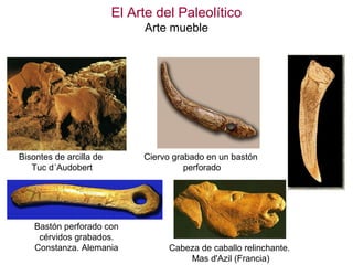 El Arte del Paleolítico
                              Arte mueble




Bisontes de arcilla de        Ciervo grabado en un bastón
   Tuc d´Audobert                       perforado




    Bastón perforado con
     cérvidos grabados.
    Constanza. Alemania            Cabeza de caballo relinchante.
                                       Mas d'Azil (Francia)
 