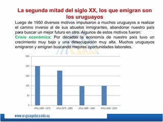.  La segunda mitad del siglo XX, los que emigran son los uruguayos Luego de 1950 diversos motivos impulsaron a muchos uruguayos a realizar el camino inverso al de sus abuelos inmigrantes, abandonar nuestro país para buscar un mejor futuro en otro. Algunos de estos motivos fueron: Crisis económica : Por décadas la economía de nuestro país tuvo un crecimiento muy bajo y una desocupación muy alta. Muchos uruguayos emigraron y emigran buscando mejores oportunidades laborales.  