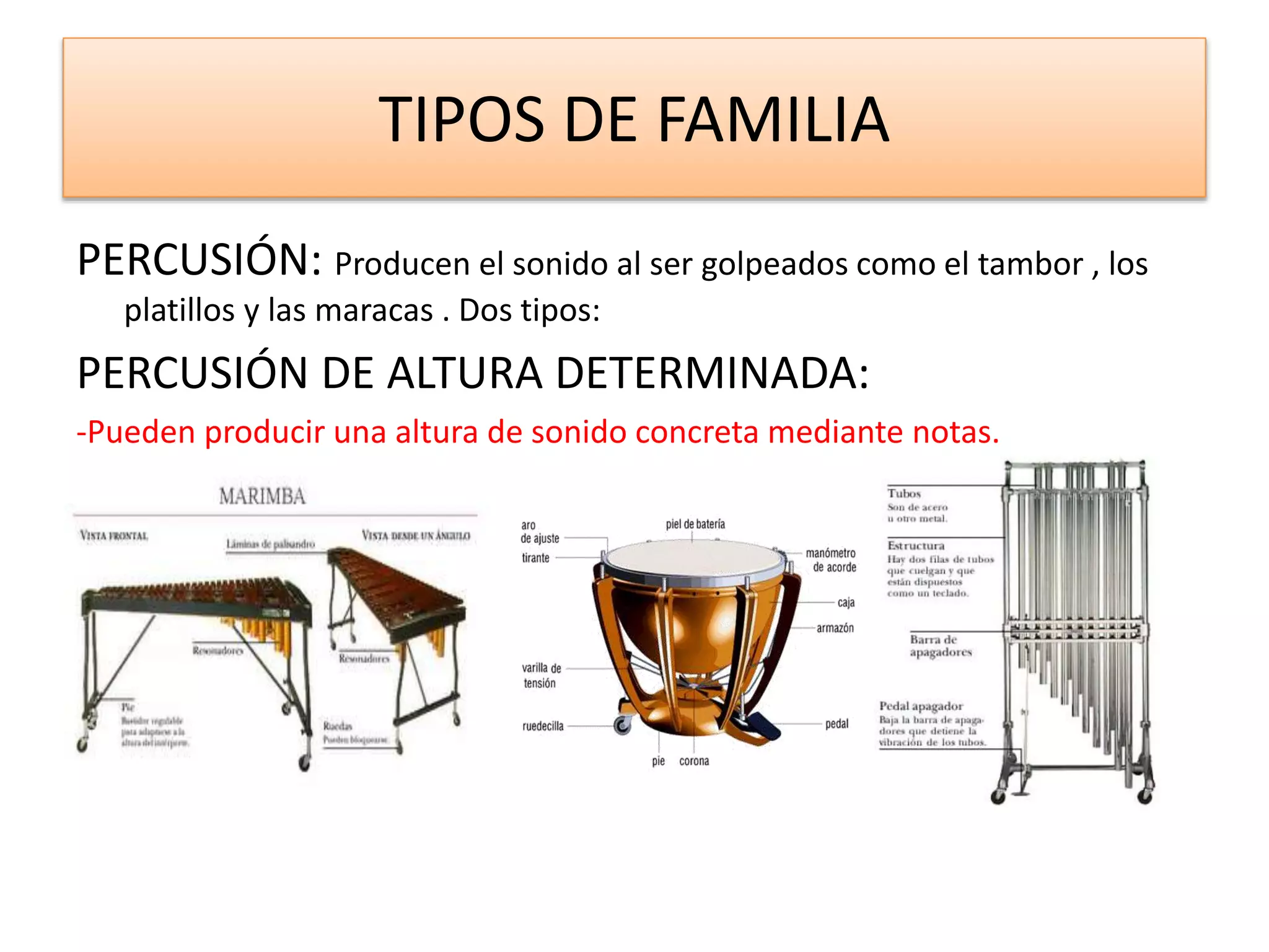 TIPOS DE FAMILIA
PERCUSIÓN: Producen el sonido al ser golpeados como el tambor , los
platillos y las maracas . Dos tipos:
PERCUSIÓN DE ALTURA DETERMINADA:
-Pueden producir una altura de sonido concreta mediante notas.
 