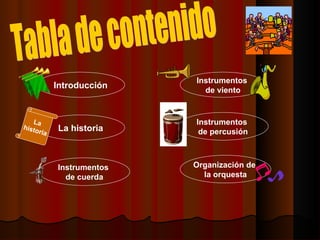 Tabla de contenido Introducción Instrumentos  de cuerda Instrumentos  de percusión La   historia Instrumentos  de viento Organización de  la orquesta La historia 