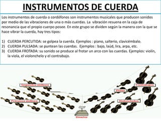 INSTRUMENTOS DE CUERDALos instrumentos de cuerda o cordófonos son instrumentos musicalesque producen sonidos por medio de las vibraciones de una o más cuerdas. La  vibración resuena en la caja de resonancia que el propio cuerpo posee. En este grupo se dividen según la manera con la que se hace vibrar la cuerda, hay tres tipos:CUERDA PERCUTIDA: se golpea la cuerda. Ejemplos : piano, salterio, clavicémbalo.CUERDA PULSADA: se puntean las cuerdas.  Ejemplos : bajo, laúd, lira, arpa, etc.CUERDA FROTADA: su sonido se produce al frotar un arco con las cuerdas. Ejemplos: violín, la viola, el violonchelo y el contrabajo.  