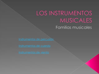Instrumentos de percusión

Instrumentos de cuerda

Instrumentos de viento
 