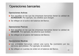 23
Operaciones bancarias
Operaciones bancarias
Operaciones Activas
„ Son aquellas en las que las empresas bancarias tienen la calidad de
ACREEDOR. Por ejemplo, los créditos que otorgan.
„ Se reflejan en el activo del balance del Banco.
Operaciones Pasivas
„ Son aquellas en las que las empresas bancarias tienen la calidad de
DEUDOR. Por ejemplo, los ahorros que reciben.
„ Se reflejan en el pasivo del balance del Banco.
Operaciones Neutras
„ Las entidades bancarias cobran una suma fija (comisión) por los
servicios que prestan. Por ejemplo, la custodia.
„ Se reflejan en cuentas de orden en el balance del Banco.
 