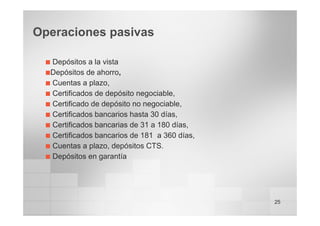 25
Operaciones pasivas
„ Depósitos a la vista
„Depósitos de ahorro,
„ Cuentas a plazo,
„ Certificados de depósito negociable,
„ Certificado de depósito no negociable,
„ Certificados bancarios hasta 30 días,
„ Certificados bancarias de 31 a 180 días,
„ Certificados bancarios de 181 a 360 días,
„ Cuentas a plazo, depósitos CTS.
„ Depósitos en garantía
 