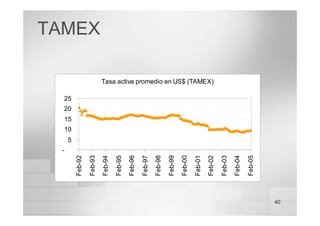 40
Tasa activa promedio en US$ (TAMEX)
-
5
10
15
20
25
Feb-92
Feb-93
Feb-94
Feb-95
Feb-96
Feb-97
Feb-98
Feb-99
Feb-00
Feb-01
Feb-02
Feb-03
Feb-04
Feb-05
TAMEX
 