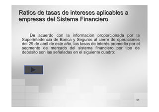 53
Ratios de tasas de intereses aplicables a
Ratios de tasas de intereses aplicables a
empresas del Sistema Financiero
empresas del Sistema Financiero
De acuerdo con la información proporcionada por la
Superintedencia de Banca y Seguros al cierre de operaciones
del 29 de abril de este año, las tasas de interés promedio por el
segmento de mercado del sistema financiero por tipo de
depósito son las señaladas en el siguiente cuadro:
 