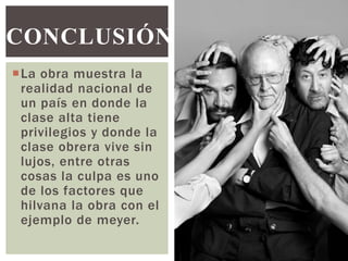 CONCLUSIÓN
La obra muestra la
realidad nacional de
un país en donde la
clase alta tiene
privilegios y donde la
clase obrera vive sin
lujos, entre otras
cosas la culpa es uno
de los factores que
hilvana la obra con el
ejemplo de meyer.

 