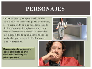 PERSONAJES
Lucas Meyer: protagonista de la obra,
es un hombre adinerado padre de familia,
se ve sumergido en una pesadilla cuando
lo invaden unas harapientas mujeres y
debe enfrentarse a constantes recuerdos
del pasado donde se da cuenta todas las
maldades por las que ha hecho pasar
a sus empleados.
Representa a la burguesía y
gente adinerada de chile
con su vida de lujo y sin
preocupaciones

 