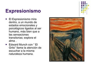 Expresionismo El Expresionismo mira dentro, a un mundo de estados emocionales y psicológicos ligados al ser humano, más bien que a las sensaciones transitorias; explora el alma .  Edward Munch con “ El Grito” llama la atención de escuchar a la misma naturaleza humana. 