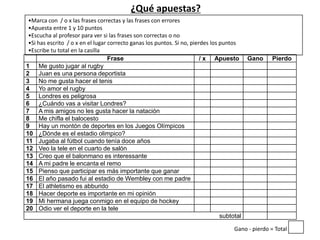 ¿Qué apuestas?
 •Marca con / o x las frases correctas y las frases con errores
 •Apuesta entre 1 y 10 puntos
 •Escucha al profesor para ver si las frases son correctas o no
 •Si has escrito / o x en el lugar correcto ganas los puntos. Si no, pierdes los puntos
 •Escribe tu total en la casilla
                                   Frase                                 / x Apuesto Gano    Pierdo
1 Me gusto jugar al rugby
2 Juan es una persona deportista
3 No me gusta hacer el tenis
4 Yo amor el rugby
5 Londres es peligrosa
6 ¿Cuándo vas a visitar Londres?
7 A mis amigos no les gusta hacer la natación
8 Me chifla el balocesto
9 Hay un montón de deportes en los Juegos Olímpicos
10 ¿Dónde es el estadio olimpico?
11 Jugaba al fútbol cuando tenía doce años
12 Veo la tele en el cuarto de salón
13 Creo que el balonmano es interessante
14 A mi padre le encanta el remo
15 Pienso que participar es más importante que ganar
16 El año pasado fui al estadio de Wembley con me padre
17 El athletismo es abburido
18 Hacer deporte es importante en mi opinión
19 Mi hermana juega conmigo en el equipo de hockey
20 Odio ver el deporte en la tele
                                                                                 subtotal

                                                                              Gano - pierdo = Total
 