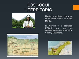 LOS KOGUI
1.TERRITORIO
         Habitan la vertiente norte y sur
         de la sierra nevada se Santa
         Martha.

         La mayoría de la población
         KOGUI     vive     en    los
         departamentos de la Guajira,
         Cesar y Magdalena.
 