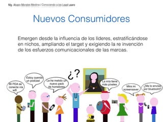 Mg. Alvaro Morales Medina / Conociendo a los Lead users 
Nuevos Consumidores 
Emergen desde la influencia de los líderes, estratificándose 
en nichos, ampliando el target y exigiendo la re invención 
de los esfuerzos comunicacionales de las marcas. 
 