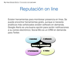 Mg. Alvaro Morales Medina / Conociendo a los Lead users 
Reputación on line 
Existen herramientas para monitorear presencia en línea. Se 
puede encontrar herramientas gratis, aunque si necesita 
analíticos más sofisticados existen software en demanda. 
Google Alerts es una buena opción para recibir notificaciones 
a su correo electrónico; Social Bro es un CRM en demanda 
para Twitter. 
 