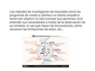 Los métodos de investigación de mercados como los 
programas de visitas a clientes o el diseño empático 
tienen por objetivo no sólo conocer sus opiniones, sino 
entender sus necesidades a través de la observación de 
su contexto, el uso que hacen de los productos, cómo 
resuelven las limitaciones de estos, etc... 
 