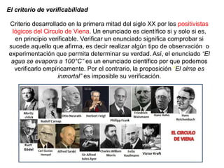 El criterio de verificabilidad
Criterio desarrollado en la primera mitad del siglo XX por los positivistas
lógicos del Circulo de Viena. Un enunciado es científico si y solo si es,
en principio verificable. Verificar un enunciado significa comprobar si
sucede aquello que afirma, es decir realizar algún tipo de observación o
experimentación que permita determinar su verdad. Así, el enunciado “El
agua se evapora a 100°C” es un enunciado científico por que podemos
verificarlo empíricamente. Por el contrario, la proposición “El alma es
inmortal” es imposible su verificación.
 