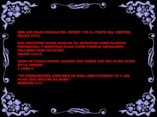 SON LOS HIJOS REGALO DEL SEÑOR Y ES EL FRUTO DEL VIENTRE.
SALMO 127:3
QUE NUESTROS HIJOS SEAN EN SU JUVENTUD COMO PLANTAS
FRONDOSAS, Y NUESTRAS HIJAS COMO PIEDRAS ANGULARES
TALLADAS PARA PALACIOS.
SALMO 144:12
NADA ME CAUSA MAYOR ALEGRÍA QUE SABER QUE MIS HIJOS VIVEN
EN LA VERDAD.
3 JUAN 4
“YO PERMANECERÉ CONFIADO EN DIOS; AQUÍ ESTAMOS YO Y LOS
HIJOS QUE DIOS ME HA DADO.”
HEBREOS 2:13
 