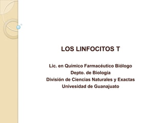 LOS LINFOCITOS T

 Lic. en Químico Farmacéutico Biólogo
           Depto. de Biología
División de Ciencias Naturales y Exactas
       Univesidad de Guanajuato
 