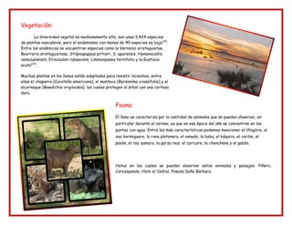 Vegetación:
La diversidad vegetal es medianamente alta, son unas 3,424 especies
de plantas vasculares, pero el endemismo con menos de 40 especies es bajo(19)
.
Entre las endémicas se encuentran especies como la Vernonia aristeguietae,
Bourreria aristeguietana, Stilpnopappus pittieri, S. apurensis, Hymenocallis
venezuelensis, Eriocaulon rubescens, Limnosipanea ternifolia y la Gustavia
acuta(20)
.
Muchas plantas en los llanos están adaptadas para resistir incendios, entre
ellas el chaparro (Curatella americana), el manteco (Byrsonima crassifolia) y el
alcornoque (Bowdichia virgiloides), los cuales protegen al árbol con una corteza
dura.
Fauna:
El llano se caracteriza por la cantidad de animales que se pueden observar, en
particular durante el verano, ya que en esa época del año se concentran en los
puntos con agua. Entre los más característicos podemos mencionar el Chigüire, el
oso hormiguero, la rana platanera, el venado, la baba, el báquiro, el caribe, el
pavón, el rey zamuro, la garza real, el caricare, la chenchena y el gabán.
Hatos en los cuales se pueden observar estos animales y paisajes: Piñero,
Corozopando, Hato el Cedral, Posada Doña Bárbara.
 