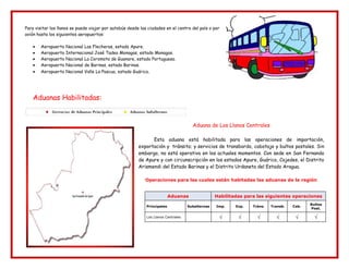 Para visitar los llanos se puede viajar por autobús desde las ciudades en el centro del país o por
avión hasta los siguientes aeropuertos:
Aeropuerto Nacional Las Flecheras, estado Apure.
Aeropuerto Internacional José Tadeo Monagas, estado Monagas.
Aeropuerto Nacional La Coromoto de Guanare, estado Portuguesa.
Aeropuerto Nacional de Barinas, estado Barinas.
Aeropuerto Nacional Valle La Pascua, estado Guárico.
Aduanas Habilitadas:
Aduana de Los Llanos Centrales
Esta aduana está habilitada para las operaciones de importación,
exportación y tránsito; y servicios de transbordo, cabotaje y bultos postales. Sin
embargo, no está operativa en los actuales momentos. Con sede en San Fernando
de Apure y con circunscripción en los estados Apure, Guárico, Cojedes, el Distrito
Arismendi del Estado Barinas y el Distrito Urdaneta del Estado Aragua.
Operaciones para las cuales están habitadas las aduanas de la región
Aduanas Habilitadas para las siguientes operaciones
Principales Subalternas Imp. Exp. Tráns. Transb. Cab.
Bultos
Post.
Los Llanos Centrales √ √ √ √ √ √
 