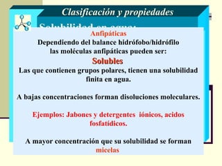 Solubilidad en agua:Anfipáticas
Dependiendo del balance hidrófobo/hidrófilo
las moléculas anfipáticas pueden ser:
SolublesSolubles
Las que contienen grupos polares, tienen una solubilidad
finita en agua.
A bajas concentraciones forman disoluciones moleculares.
Ejemplos: Jabones y detergentes iónicos, acidos
fosfatídicos.
A mayor concentración que su solubilidad se forman
micelas
Clasificación y propiedades
 