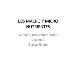 LOS MACRO Y MICRO
NUTRIENTES
Ivanna Andrea Muñoz Ospino
Decimo A
Gladys Pineda
 