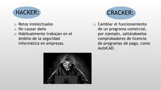 o Retos intelectuales
o No causar daño
o Habitualmente trabajan en el
ámbito de la seguridad
informática en empresas.
o Cambiar el funcionamiento
de un programa comercial,
por ejemplo, saltándoselos
comprobadores de licencia
de programas de pago, como
AutoCAD.
HACKER: CRACKER:
 