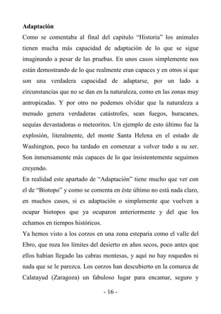 Adaptación
Como se comentaba al final del capitulo “Historia” los animales
tienen mucha más capacidad de adaptación de lo que se sigue
imaginando a pesar de las pruebas. En unos casos simplemente nos
están demostrando de lo que realmente eran capaces y en otros sí que
son una verdadera capacidad de adaptarse, por un lado a
circunstancias que no se dan en la naturaleza, como en las zonas muy
antropizadas. Y por otro no podemos olvidar que la naturaleza a
menudo genera verdaderas catástrofes, sean fuegos, huracanes,
sequías devastadoras o meteoritos. Un ejemplo de esto último fue la
explosión, literalmente, del monte Santa Helena en el estado de
Washington, poco ha tardado en comenzar a volver todo a su ser.
Son inmensamente más capaces de lo que insistentemente seguimos
creyendo.
En realidad este apartado de “Adaptación” tiene mucho que ver con
el de “Biotopo” y como se comenta en éste último no está nada claro,
en muchos casos, si es adaptación o simplemente que vuelven a
ocupar biotopos que ya ocuparon anteriormente y del que los
echamos en tiempos históricos.
Ya hemos visto a los corzos en una zona esteparia como el valle del
Ebro, que roza los límites del desierto en años secos, poco antes que
ellos habían llegado las cabras montesas, y aquí no hay roquedos ni
nada que se le parezca. Los corzos han descubierto en la comarca de
Calatayud (Zaragoza) un fabuloso lugar para encamar, seguro y

                                 - 16 -
 