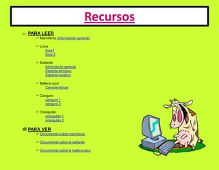 Recursos	PARA LEER	 Mamíferos (información general) 	 Lincelince1lince 2	 ElefanteInformación generalElefante AfricanoElefante Asiático	 Ballena azulCaracterísticas	 Cangurocanguro 1canguro 2	 Orangutánorangután 1orangután 2	 PARA VER	 Documental sobre mamíferos 	 Documental sobre el elefante	 Documental sobre la ballena azul