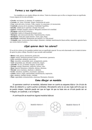Formas y sus significados

     Los mandalas no son simples dibujos de colores. Todos los elementos que en ellos se integran tienen un significado.
Conoce algunos de los más utilizados:

• Círculo: movimiento. Lo absoluto. El verdadero yo.
• Corazón: sol. Amor. Felicidad. Alegría. Sentimiento de unión.
• Cruz: unión del cielo y la tierra. Vida y muerte. Lo consciente y lo inconsciente.
• Cuadrado: procesos de la naturaleza. Estabilidad. Equilibrio.
• Estrella: símbolo de lo espiritual. Libertad. Elevación.
• Espiral: vitalidad. Energías curativas. Búsqueda constante de la totalidad.
• Hexágono: unión de los contrarios.
• Laberinto: implica la búsqueda del propio centro.
• Mariposa: auto renovación del alma. Transformación y muerte.
• Pentágono: silueta del cuerpo humano. Tierra, agua, fuego.
• Rectángulo: estabilidad. Rendimiento del intelecto. La vida terrenal.
• Triángulo: agua, inconsciente (hacia abajo), femenino; vitalidad, transformación (hacia arriba), masculino; agresión hacia
uno mismo (hacia el centro),

                       ¿Qué quieren decir los colores?
El uso de los colores en los mandalas también tiene un significado especial. Su uso está relacionado con el estado de ánimo
de quien los pinta o dibuja. Descubre lo que esconde cada tonalidad:

• Blanco: nada, pureza, iluminación, perfección.
• Negro: muerte, limitación personal, misterio, renacimiento, ignorancia.
• Gris: neutralidad, sabiduría, renovación.
• Rojo: masculino, sensualidad, amor, arraigamiento, pasión.
• Azul: tranquilidad, paz, felicidad, satisfacción, alegría.
• Amarillo: sol, luz, jovialidad, simpatía, receptividad.
• Naranja: energía, dinamismo, ambición, ternura, valor.
• Rosa: aspectos femeninos e infantiles, dulzura, altruismo.
• Morado: amor al prójimo, idealismo y sabiduría.
• Verde: naturaleza, equilibrio, crecimiento, esperanza.
• Violeta: música, magia, espiritualidad, transformación, inspiración.
• Oro: sabiduría, claridad, lucidez, vitalidad.
• Plata: capacidades extrasensoriales, emociones fluctuantes, bienestar.

                                         Como dibujar un mandala
    Si queremos construir un mandala, debemos tener en cuenta su esquema básico: Un círculo de
25cm de diámetro y cuatro puntos cardinales. Obviamente esta no es una regla estricta que no
se pueda romper, también puede ser que en lugar de que su base sea un círculo puede ser un
triángulo, un cuadrado, o un octágono.

    A continuación se muestran algunos modelos básicos




                                                                                                                          3
 