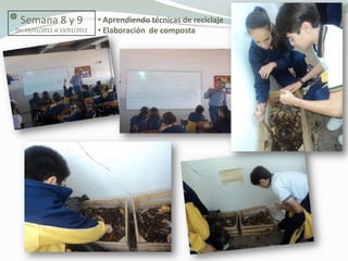 Semana 8 y 9                  • Aprendiendo técnicas de reciclaje
Del 03/01/2012 al 13/01/2012   • Elaboración de composta
 