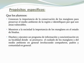Propósitos específicos:
Que los alumnos:
 Conozcan la importancia de la conservación de los manglares para
  preservar el medio ambiente de la región e identifiquen por qué son
  áreas vulnerables.

 Muestren a la sociedad la importancia de los manglares en el estado
  de Sinaloa.

 Diseñen y ejecuten un programa de información y concientización en
  su localidad donde se promueva el cuidado de los manglares y del
  medio ambiente en general involucrando compañeros, padres y
  comunidad en general.
 