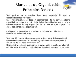 Manuales de OrganizaciónPrincipiosBásicosToda posición de supervisión debe tener asignadas funciones y responsabilidades concretas.Las  responsabilidades debe ir acompañada de la correspondiente autoridad para ejercerla.  No debe haber incertidumbre respecto a la definición de autoridad y responsabilidad con relación a todas y cada una de las posiciones de la organización.Cada persona que ocupa un puesto en la organización debe recibir órdenes de una única fuente.Toda decisión que se adopte respecto a un integrante de la organización debe ser efectuada con conocimiento y consentimiento del supervisor inmediato del afectado por la decisiónDebe existir y aplicarse un mecanismo que permita controlar y evaluar el cumplimiento de las responsabilidades asignadas a los niveles jerárquicos.