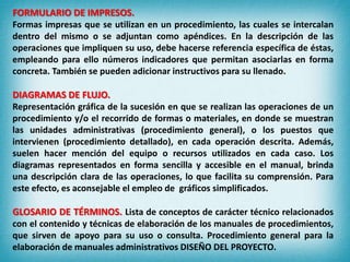 FORMULARIO DE IMPRESOS.
Formas impresas que se utilizan en un procedimiento, las cuales se intercalan
dentro del mismo o se adjuntan como apéndices. En la descripción de las
operaciones que impliquen su uso, debe hacerse referencia específica de éstas,
empleando para ello números indicadores que permitan asociarlas en forma
concreta. También se pueden adicionar instructivos para su llenado.
DIAGRAMAS DE FLUJO.
Representación gráfica de la sucesión en que se realizan las operaciones de un
procedimiento y/o el recorrido de formas o materiales, en donde se muestran
las unidades administrativas (procedimiento general), o los puestos que
intervienen (procedimiento detallado), en cada operación descrita. Además,
suelen hacer mención del equipo o recursos utilizados en cada caso. Los
diagramas representados en forma sencilla y accesible en el manual, brinda
una descripción clara de las operaciones, lo que facilita su comprensión. Para
este efecto, es aconsejable el empleo de gráficos simplificados.
GLOSARIO DE TÉRMINOS. Lista de conceptos de carácter técnico relacionados
con el contenido y técnicas de elaboración de los manuales de procedimientos,
que sirven de apoyo para su uso o consulta. Procedimiento general para la
elaboración de manuales administrativos DISEÑO DEL PROYECTO.
 