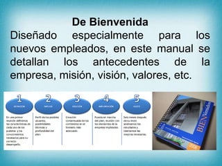 De Bienvenida
Diseñado especialmente para los
nuevos empleados, en este manual se
detallan los antecedentes de la
empresa, misión, visión, valores, etc.
 
