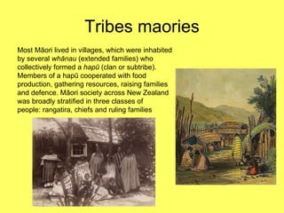 Tribes maories Most Māori lived in villages, which were inhabited by several  whānau  (extended families) who collectively formed a  hapū  (clan or subtribe). Members of a hapū cooperated with food production, gathering resources, raising families and defence. Māori society across New Zealand was broadly stratified in three classes of people: rangatira, chiefs and ruling families  