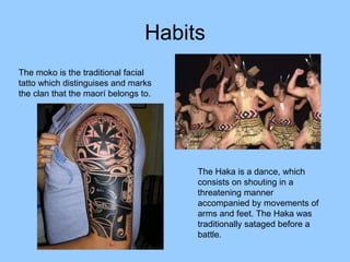 Habits The moko is the traditional facial tatto which distinguises and marks the clan that the maorí belongs to. The Haka is a dance, which consists on shouting in a threatening manner accompanied by movements of arms and feet. The Haka was traditionally sataged before a battle. 