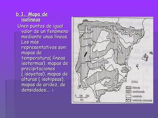 b.1. Mapa de
  isolíneas
 Unen puntos de igual
  valor de un fenómeno
  mediante unas líneas.
  Los más
  representativos son:
  mapas de
  temperatura( líneas
  isotermas), mapas de
  precipitaciones
  ( isoyetas), mapas de
  alturas ( isohipsas),
  mapas de aridez, de
  densidades... ↓
 