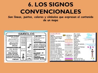 6. LOS SIGNOS
CONVENCIONALES
Son líneas, puntos, colores y símbolos que expresan el contenido
de un mapa
 