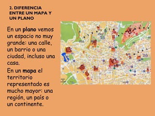 2. DIFERENCIA
ENTRE UN MAPA Y
UN PLANO
En un plano vemos
un espacio no muy
grande: una calle,
un barrio o una
ciudad, incluso una
casa.
En un mapa el
territorio
representado es
mucho mayor: una
región, un país o
un continente.
 