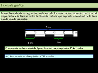 UNIDAD

La escala gráfica

7

Es una línea divida en segmentos, cada uno de los cuales se corresponde con 1 cm del
mapa. Sobre esta línea se indica la distancia real a la que equivale la totalidad de la línea
o cada una de sus partes.
5 cm

1 cm

1 cm

Por ejemplo, en la escala de la figura, 1 cm del mapa equivale a 15 km reales.
Así, 5 cm en esta escala equivalen a 75 km reales. 

 