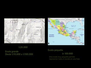 1:25.000
Escala grande
Desde 1/10.000 a 1/100.000

Escala pequeña
≥ 100.000
Una escala muy pequeña permite
representar todo el mundo en una hoja

 