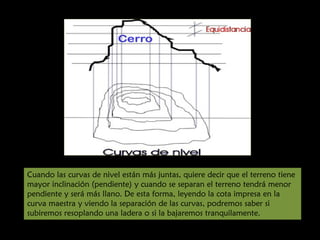 Cuando las curvas de nivel están más juntas, quiere decir que el terreno tiene
mayor inclinación (pendiente) y cuando se separan el terreno tendrá menor
pendiente y será más llano. De esta forma, leyendo la cota impresa en la
curva maestra y viendo la separación de las curvas, podremos saber si
subiremos resoplando una ladera o si la bajaremos tranquilamente.

 