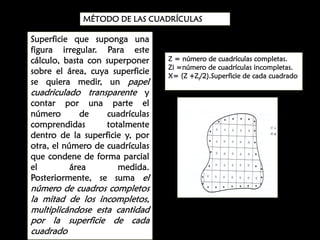 MÉTODO DE LAS CUADRÍCULAS

Superficie que suponga una
figura irregular. Para este
cálculo, basta con superponer
sobre el área, cuya superficie
se quiera medir, un papel
cuadriculado transparente y
contar por una parte el
número
de
cuadrículas
comprendidas
totalmente
dentro de la superficie y, por
otra, el número de cuadrículas
que condene de forma parcial
el
área
medida.
Posteriormente, se suma el

número de cuadros completos
la mitad de los incompletos,
multiplicándose esta cantidad
por la superficie de cada
cuadrado

Z = número de cuadrículas completas.
Zi =número de cuadrículas incompletas.
X= (Z +Zi/2).Superficie de cada cuadrado

 