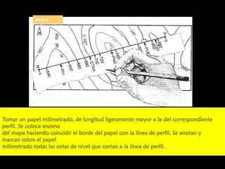 Paso 2

Tomar un papel milimetrado, de longitud ligeramente mayor a la del correspondiente
perfil. Se coloca encima
del mapa haciendo coincidir el borde del papel con la línea de perfil. Se anotan y
marcan sobre el papel
milimetrado todas las cotas de nivel que cortan a la línea de perfil.

 