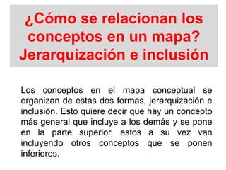 ¿Cómo se relacionan los
conceptos en un mapa?
Jerarquización e inclusión
Los conceptos en el mapa conceptual se
organizan de estas dos formas, jerarquización e
inclusión. Esto quiere decir que hay un concepto
más general que incluye a los demás y se pone
en la parte superior, estos a su vez van
incluyendo otros conceptos que se ponen
inferiores.
 