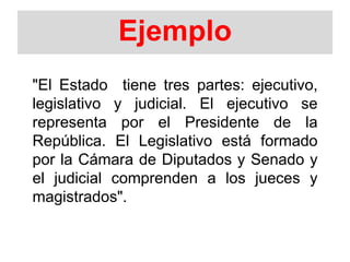 Ejemplo
"El Estado tiene tres partes: ejecutivo,
legislativo y judicial. El ejecutivo se
representa por el Presidente de la
República. El Legislativo está formado
por la Cámara de Diputados y Senado y
el judicial comprenden a los jueces y
magistrados".
 