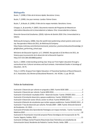 Bibliografía
Buzan, T. (1998). El libro de la lectura rápido. Barcelona: Urano.

Buzán, T. (1999). Use your memory. London: Palmer Green.

Buzán, T., & Buzán, B. (1996). El libro de los mapas mentales. Barcelona: Urano.

Chiappe, A., & Jaramillo, P. (2007). Documento maestro del Programa de Maestría en
Informática Educativa de la Universidad de La Sabana. Chía: Universidad de La Sabana.

Dirección General de Estudiantes. (2010). Informe de Gestión 2010. Chía: Universidad de La
Sabana.

McKinsey & Company. (2006). How the world's best-performing school systems come out on
top. Recuperado el Marzo de 2011, de McKinsey & Company:
http://www.mckinsey.com/clientservice/social_sector/our_practices/education/knowledge_hi
ghlights/best_performing_school.aspx

Ministerio de Educación Superior. (s.f.). SPADIES. Recuperado el 22 de Marzo de 2011, de
Sistema para la prevención de la deserción de la Educación Superior:
http://157.253.188.106:8080/spadies/

Quinn, J. (2004). Understanding working-class 'drop-out' from higher education through a
sociocultural lens: Cultural narratives and local contexts. International Studies in Sociology of
Education , 54-75.

Tinto, V. (1975). Dropout from Higher Education: A Theoretical Synthesis of Recent Research.
(A. E. Association, Ed.) Review of Educational Research , Vol. 45 (No. 1 ), pp. 89-125.




Índice de Ilustraciones

Ilustración 1 Deserción por cohorte en pregrado a 2005. Fuente OCDE 2005 ............................ 2
Ilustración 2 Deserción por cohorte. Fuente MEN 2010 ............................................................. 3
Ilustración 3 Correlación resultados ICFES – Deserción Escolar. Fuente: SPADIES 2011 .............. 4
Ilustración 4 Correlación deserción y apoyos académicos. Fuente: SPADIES 2011 ...................... 5
Ilustración 5 Deserción sector oficial y sector no oficial. Fuente SPADIES 2011 .......................... 5
Ilustración 6 Relación de estudiantes que reciben apoyos académicos. Fuente SPADIES 2011 ... 6
Ilustración 7 Tasa de deserción por cohorte. Periodo 2004 – 2009. Fuente: Dirección General
de Estudiantes. US. 2010 ........................................................................................................... 7
Ilustración 8 Portada Libro Aprendiendo Patologías con mapas mentales. Fuente: Facultad de
Medicina 2010 ........................................................................................................................ 10
Ilustración 9. Presentación inicial del proyecto Planes Estratégicos de Incorporación de TIC.
Fuente: Segovia, Yasbley. 2010 ............................................................................................... 11
Ilustración 10 Mapa mental Proyecto Niwuimuke.Clase Telemática con estudiantes de
Comunicación Social, Residentes de Pediatría. Fuente: Rincón, Helda. 2009 ........................... 12
 
