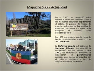 Mapuche S.XX - Actualidad En el S.XVI, se desarrolló entre blancos e indios un comercio fluido y los mapuches adoptaron rápidamente el caballo. El proceso de mezcla de aspectos culturales de los pueblos de Araucanía, la Pampa y el norte de la Patagonia es conocido como  araucanización . En 1969 comenzaron con la toma de las tierras reclamadas, conocido como  "el Cautinazo". La  Reforma agraria  del gobierno de  Salvador Allende , les permiti ó la  recuperación de sus  tierras y para  1972 , los latifundistas afectados se organizaron en  paramilitares  armados que fueron perseguidos por el gobierno mediante la Ley de Seguridad Interior del Estado. 