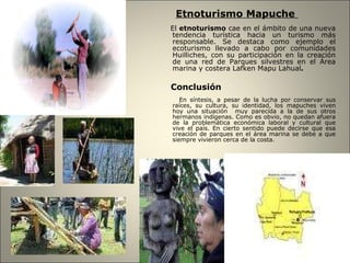 Etnoturismo Mapuche  El  etnoturismo  cae en el ámbito de una nueva tendencia turística hacia un turismo más responsable. Se destaca como ejemplo el ecoturismo llevado a cabo por comunidades Huilliches, con su participación en la creación de una red de Parques silvestres en el Área marina y costera Lafken Mapu Lahual . Conclusión En síntesis, a pesar de la lucha por conservar sus raíces, su cultura, su identidad, los mapuches viven hoy una situación  muy parecida a la de sus otros hermanos indígenas. Como es obvio, no quedan afuera de la problemática económica laboral y cultural que vive el país. En cierto sentido puede decirse que esa creación de parques en el área marina se debe a que siempre vivieron cerca de la costa. 